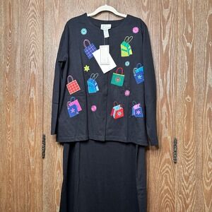 NWT Vtg Shopping Bags Flowers Embroidered Women 1X Black Cardigan Sweater& Dress